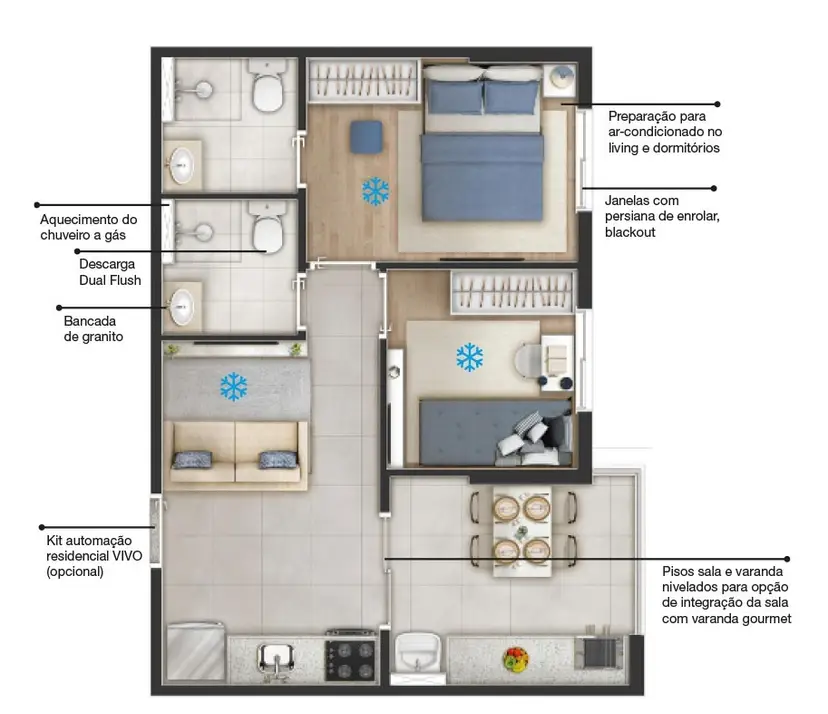 Planta 2 dormitórios 41,72 m²