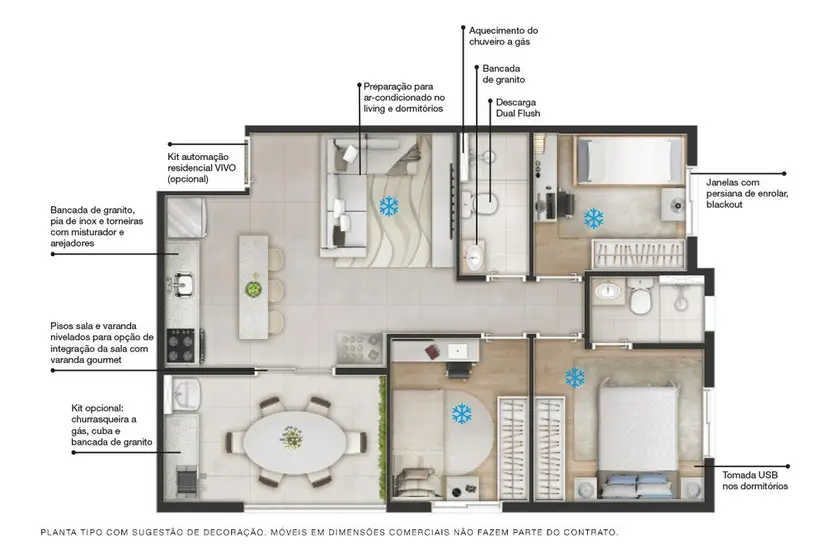 Planta 3 dormitórios 61,72 m²