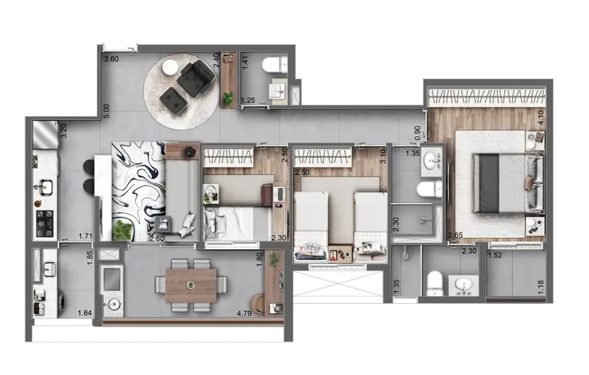 Planta 3 dormitórios 83 m²