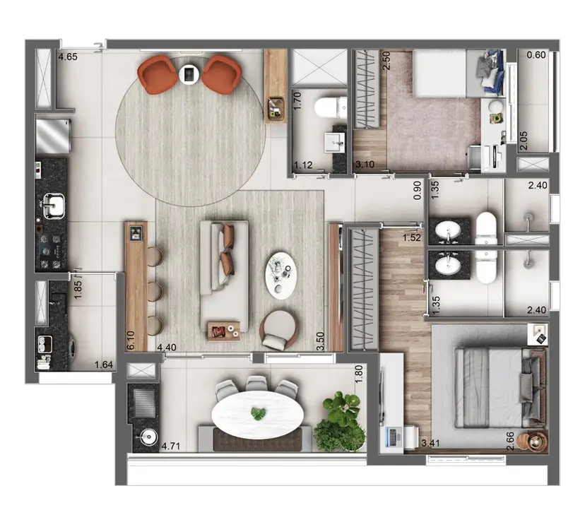 Planta 2 dormitórios – opção de planta 85 m²