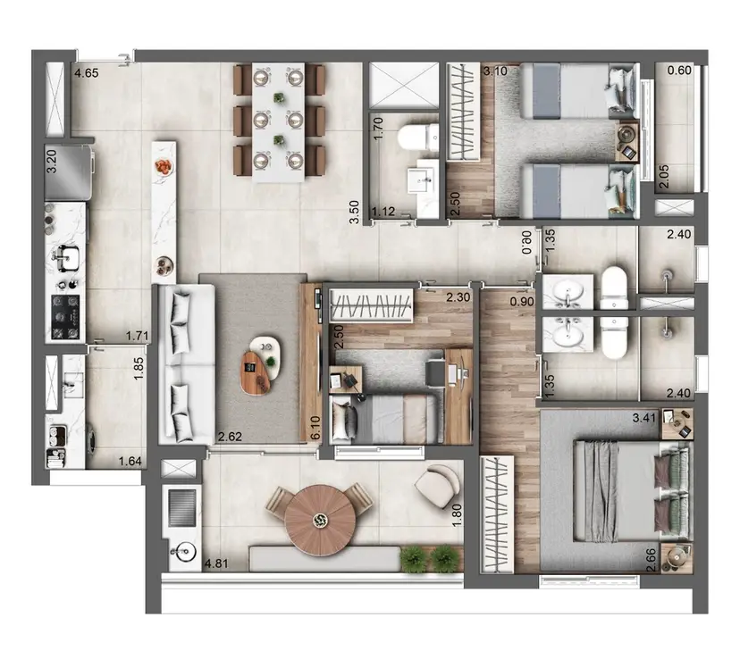 Planta 3 dormitórios 85 m²