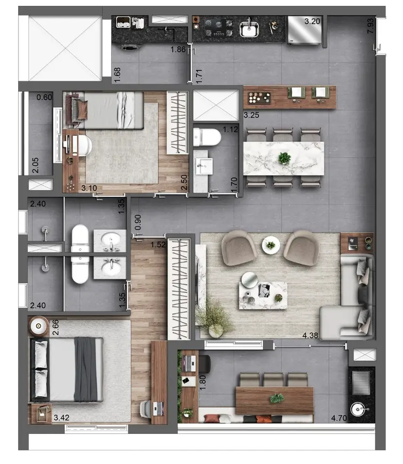 Planta 2 dormitórios – opção de planta 86 m²