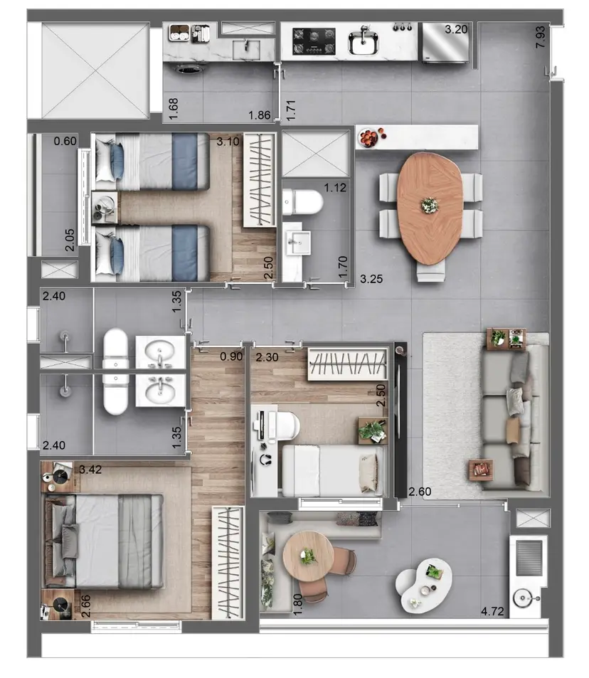 Planta 3 dormitórios 86 m²