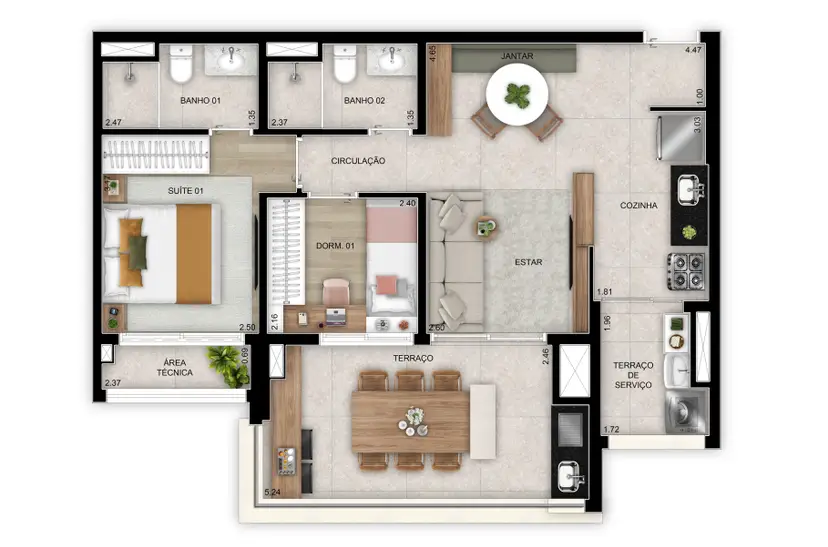 Planta 2 dormitórios 69 m²
