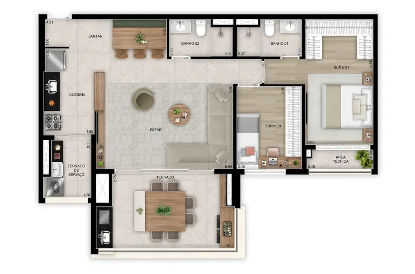 Planta 2 dormitórios – opção de planta 91 m²
