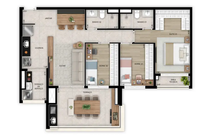 Planta 3 dormitórios 91 m²