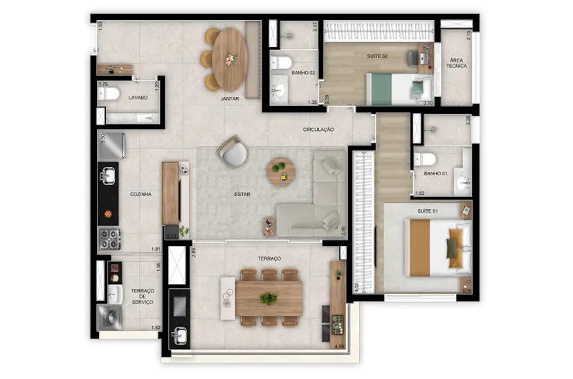 Planta 2 dormitórios – opção de planta 97 m²