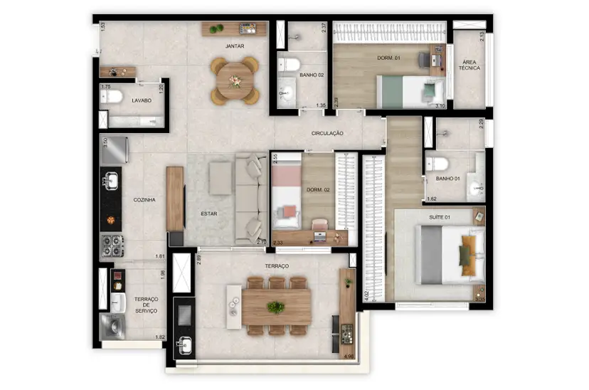 Planta 3 dormitórios 97 m²