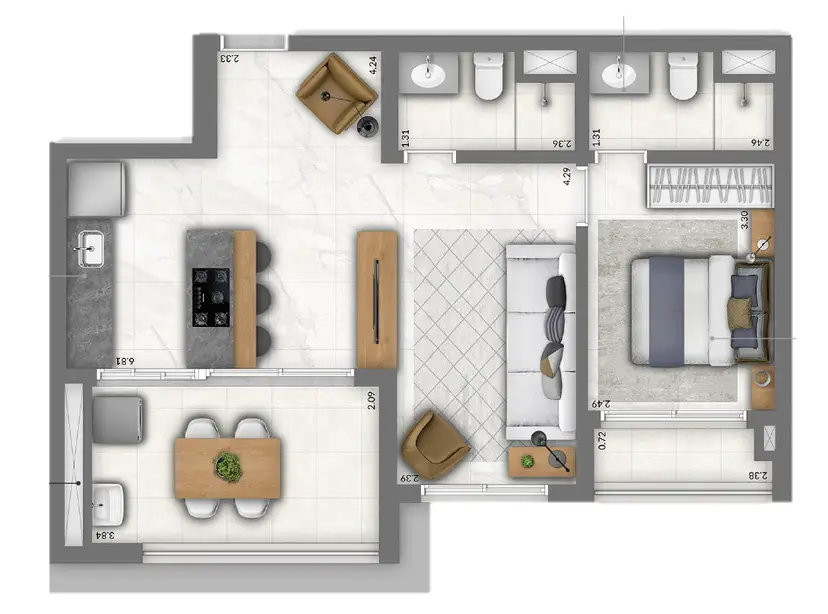 Planta 1 dormitório – opção de planta 61 m²
