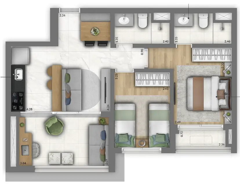 Planta 2 dormitórios 61 m²