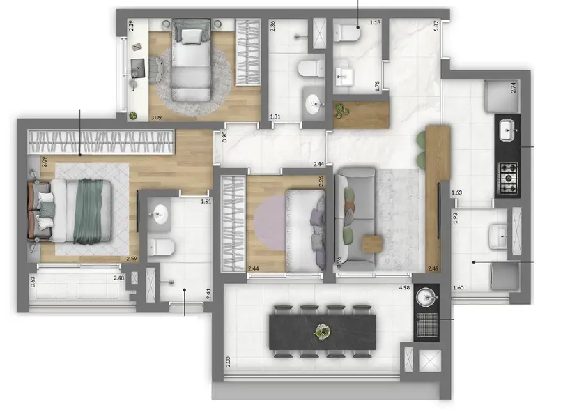 Planta 3 dormitórios 81 m²