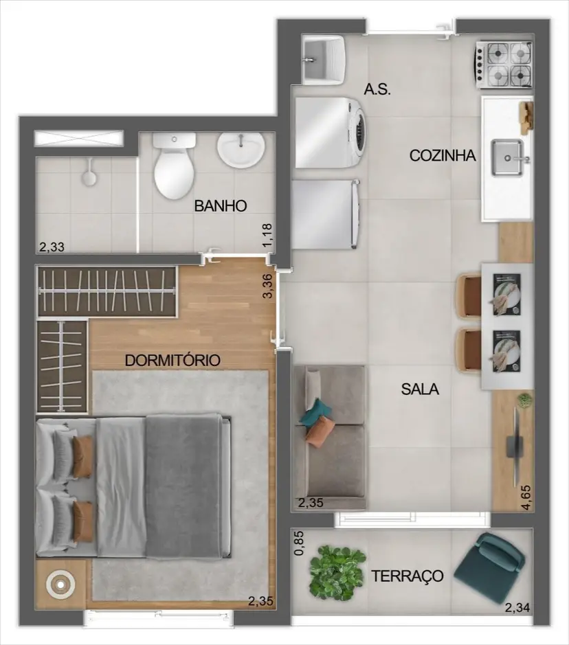 Planta 1 dormitório 27 m²