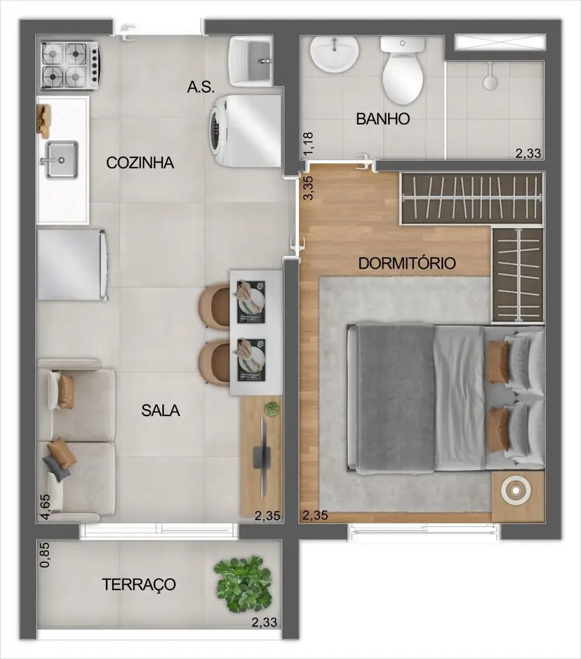 Planta 1 dormitório 27 m²