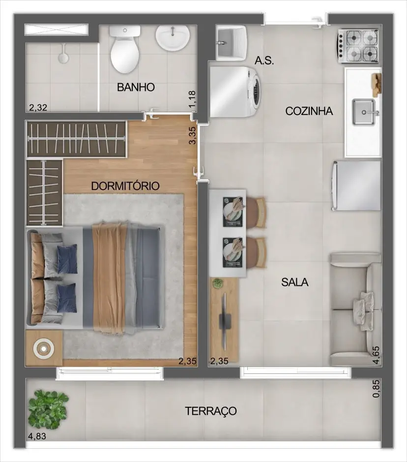 Planta 1 dormitório 29 m²