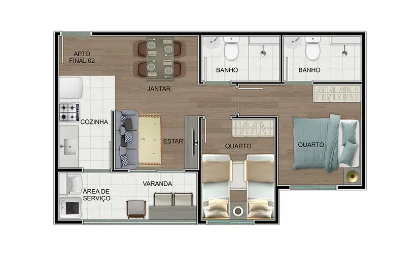 Planta 2 dormitórios 47 m²