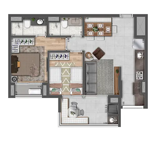 Planta 2 dormitórios 62 m²