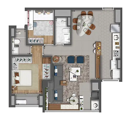 Planta 2 dormitórios 78 m²