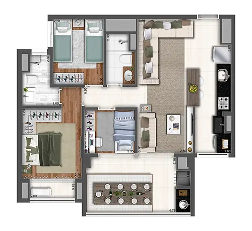 Planta 3 dormitórios 78 m²