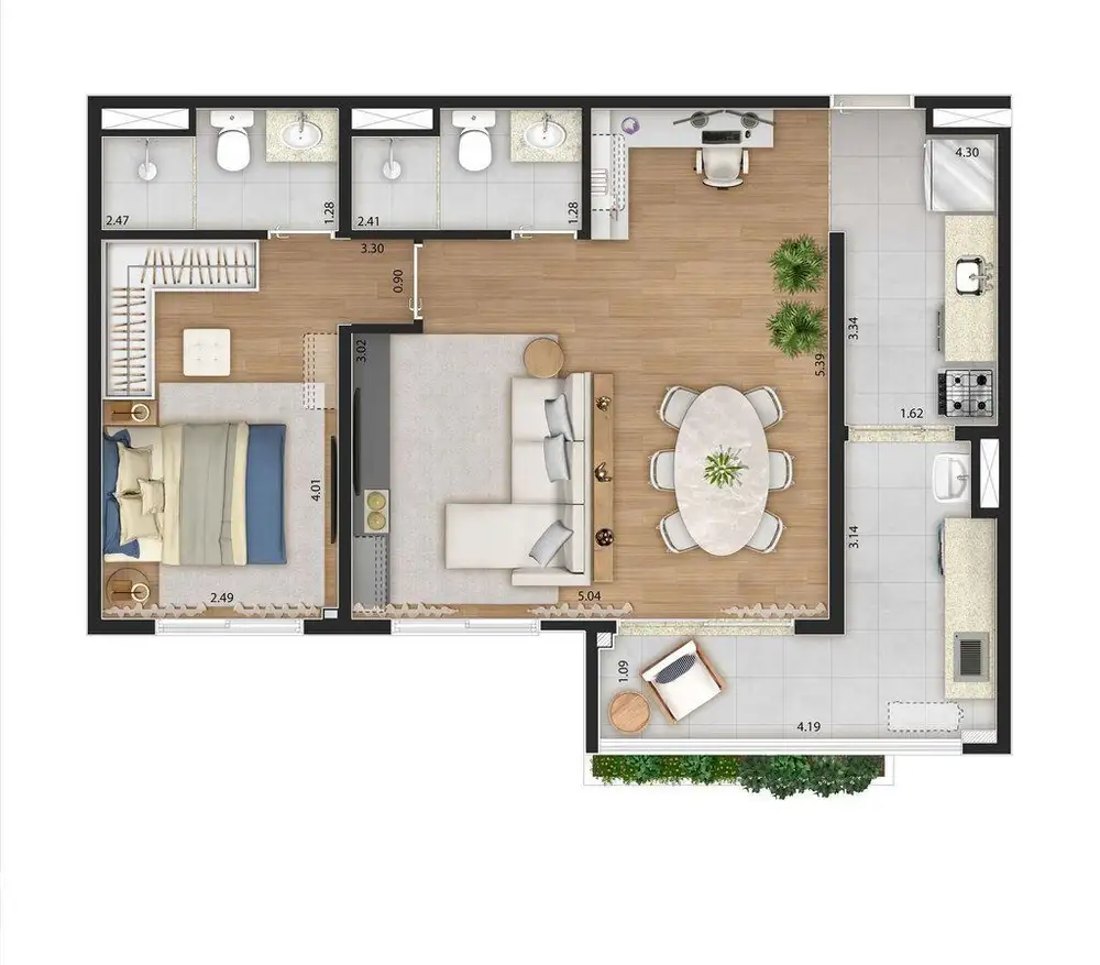 Planta 1 dormitório – opção de planta 60 m²
