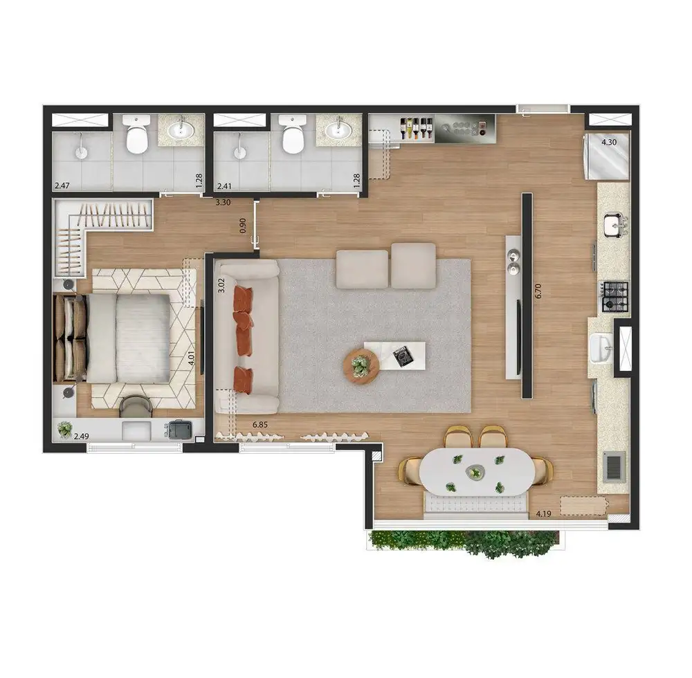 Planta 1 dormitório – opção de planta 60 m²