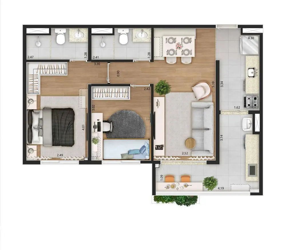 Planta 2 dormitórios 60 m²