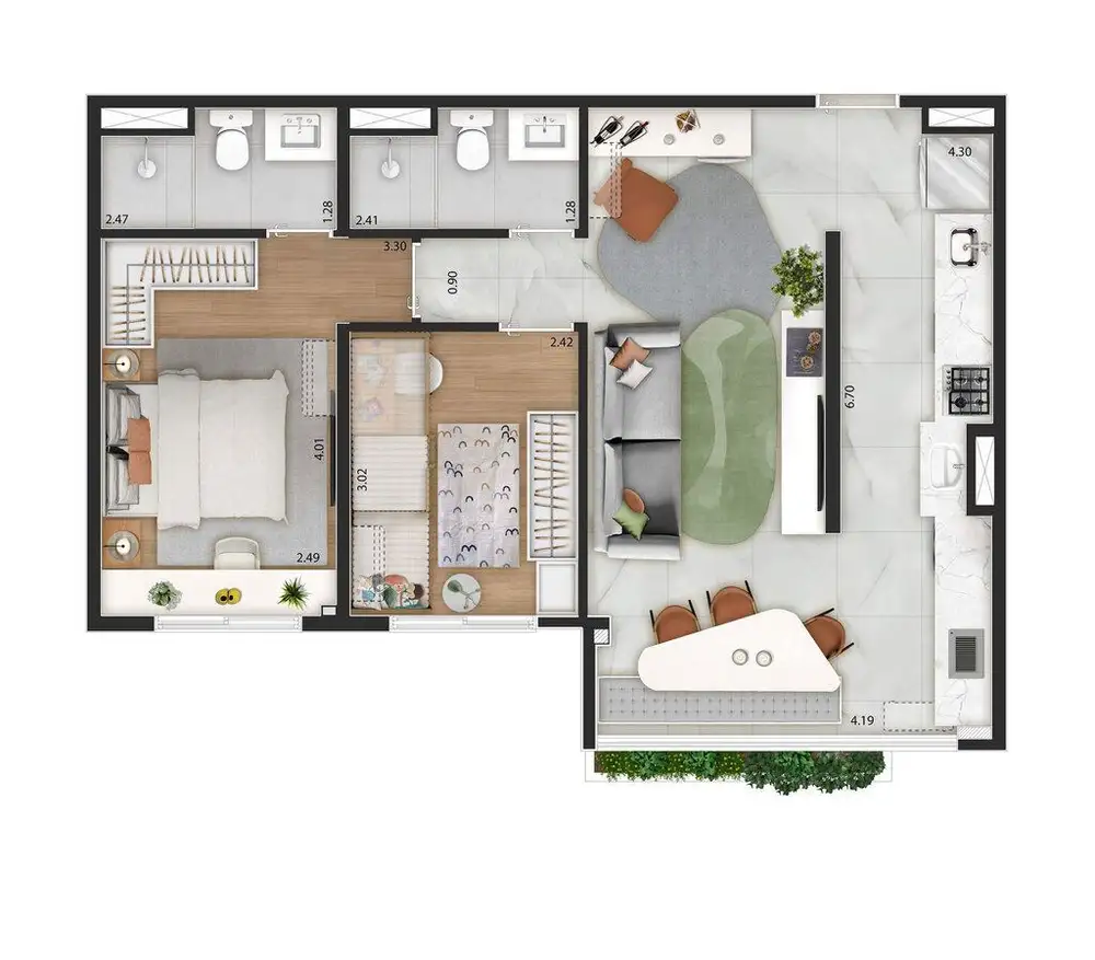 Planta 2 dormitórios – opção de planta 60 m²