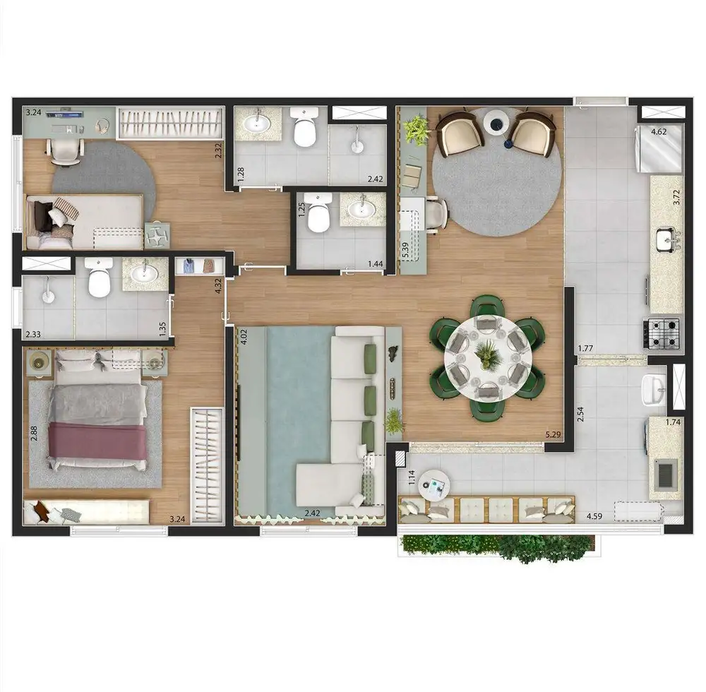 Planta 2 dormitórios – opção de planta 75 m²