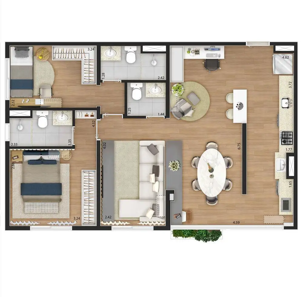 Planta 2 dormitórios – opção de planta 75 m²