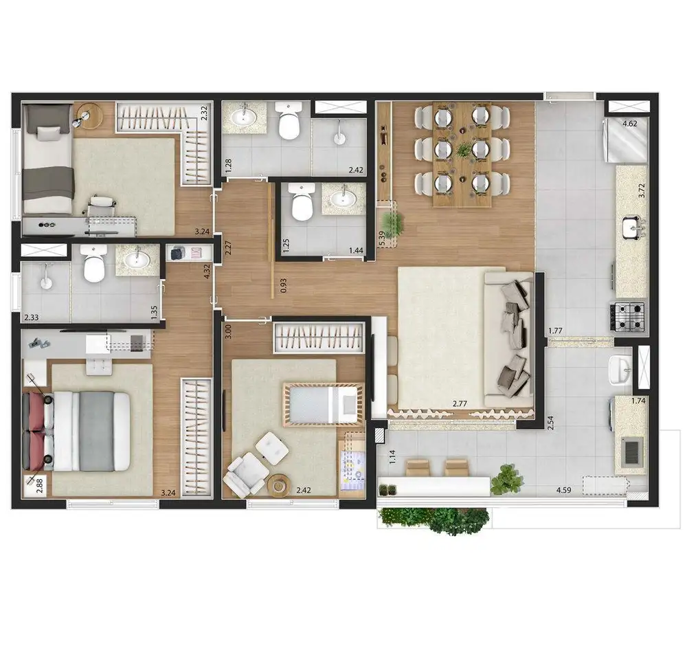 Planta 3 dormitórios 75 m²