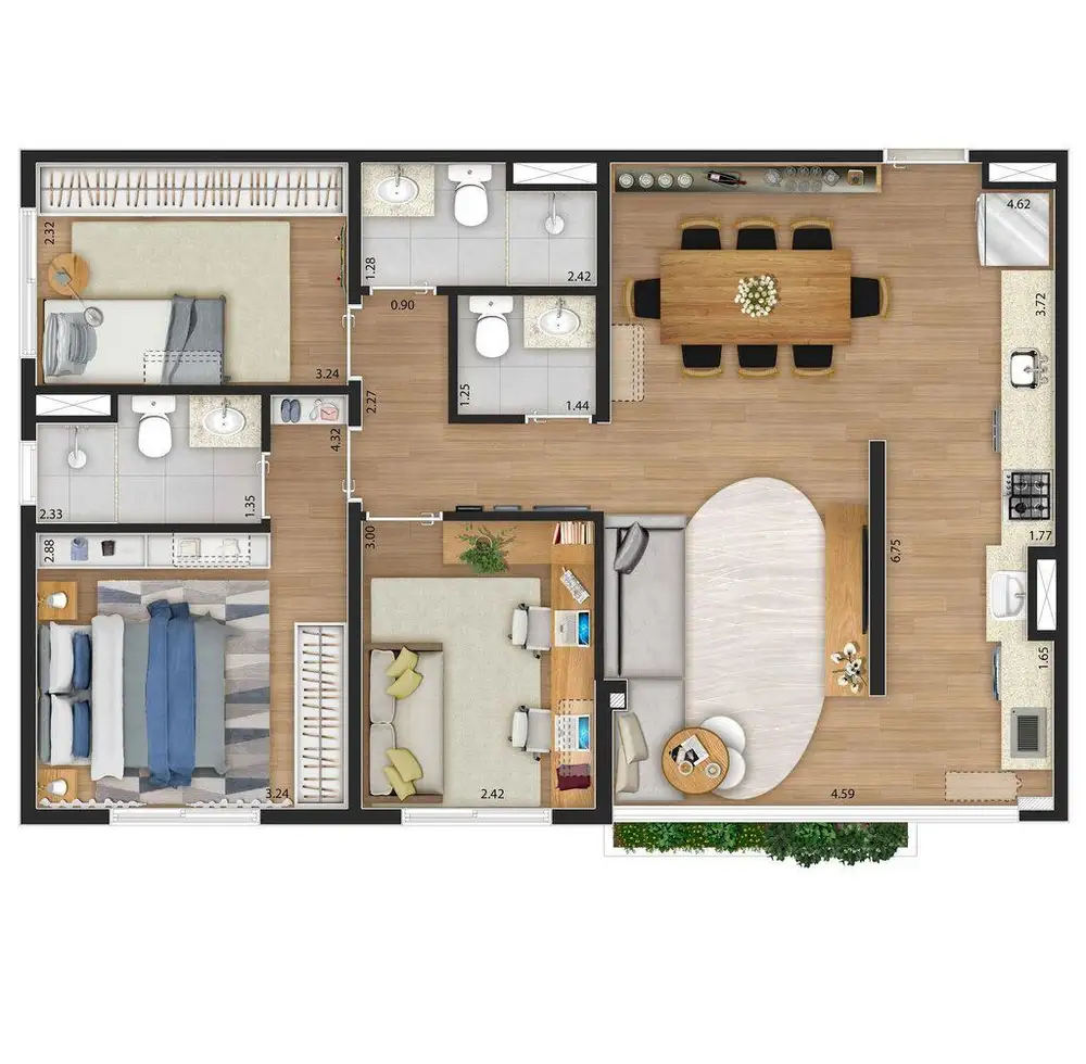 Planta 3 dormitórios – opção de planta 75 m²