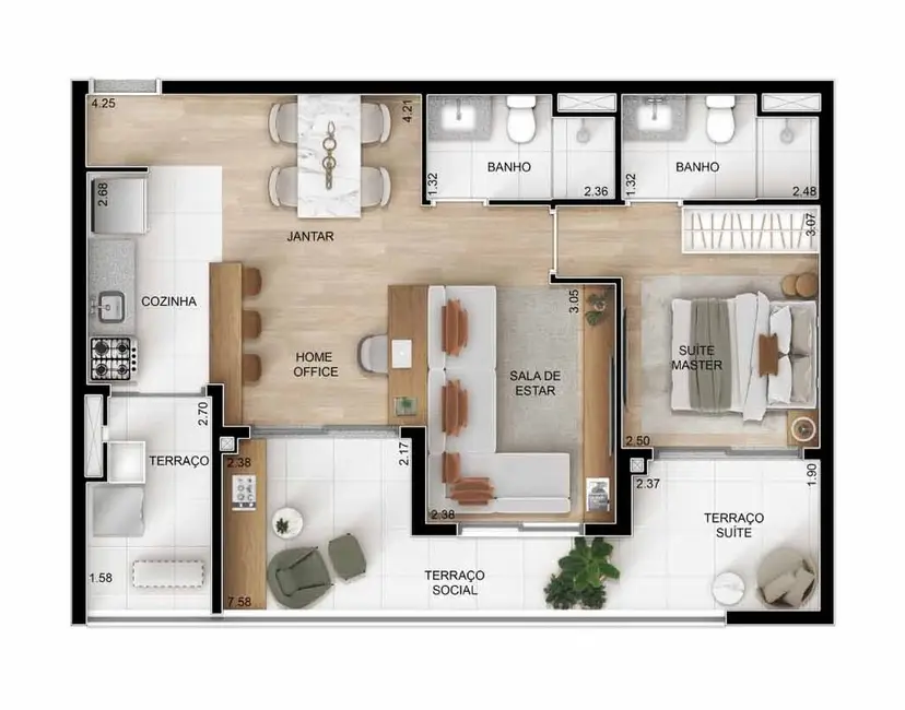 Planta 1 dormitório – opção de planta 65 m²