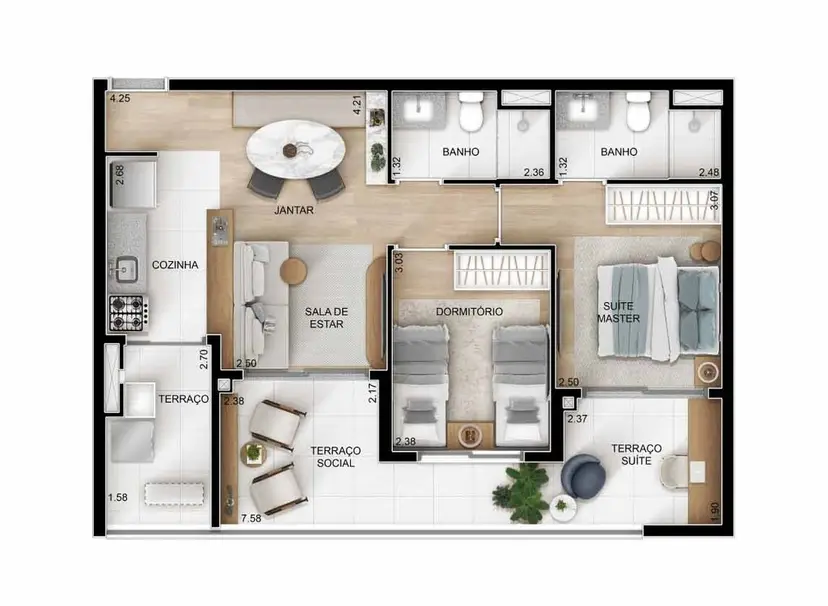 Planta 2 dormitórios 65 m²