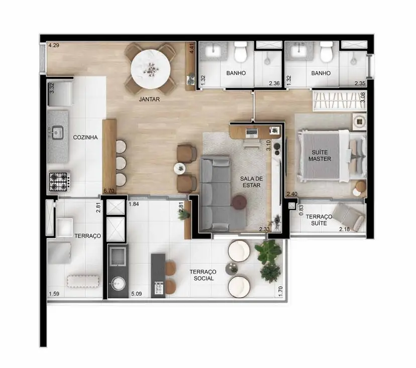 Planta 1 dormitório – opção de planta 68 m²