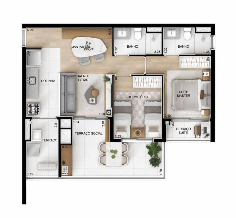 Planta 2 dormitórios 68 m²