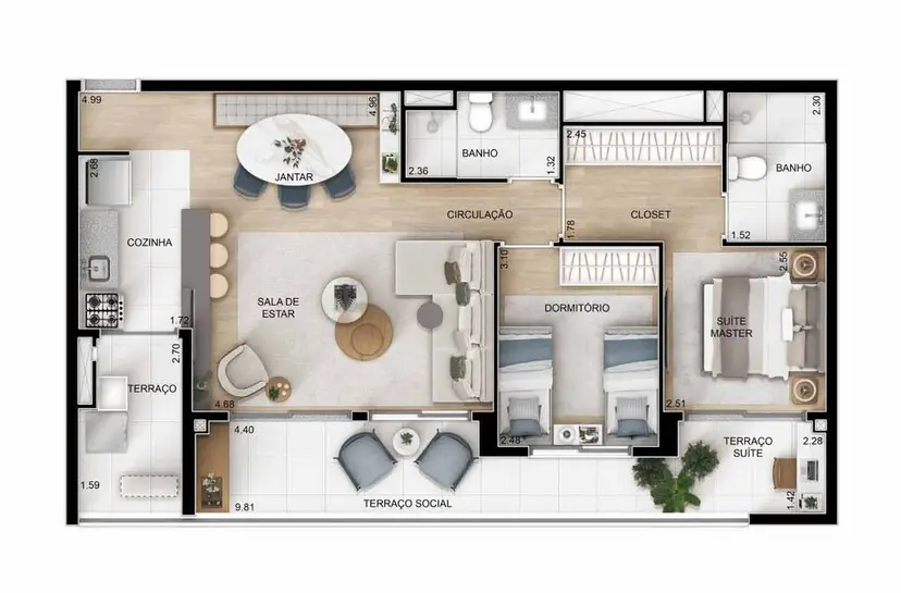 Planta 2 dormitórios – opção de planta 80 m²