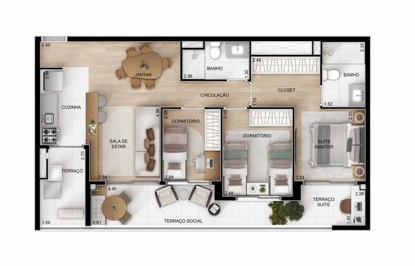 Planta 3 dormitórios 80 m²