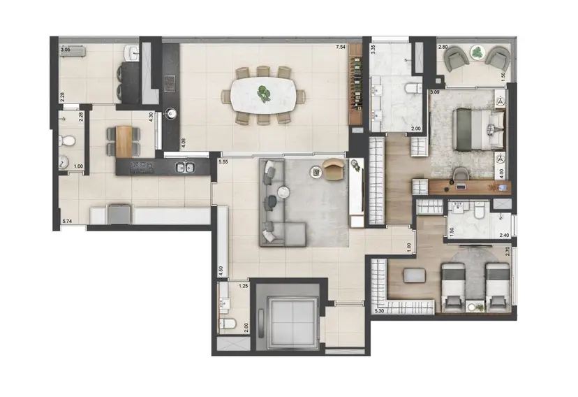 Planta 2 dormitórios 166 m²