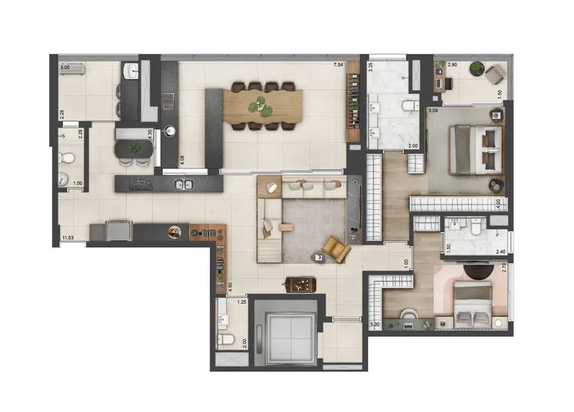 Planta 2 dormitórios – opção de planta 166 m²