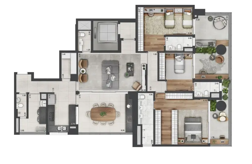 Planta 3 dormitórios 218 m²