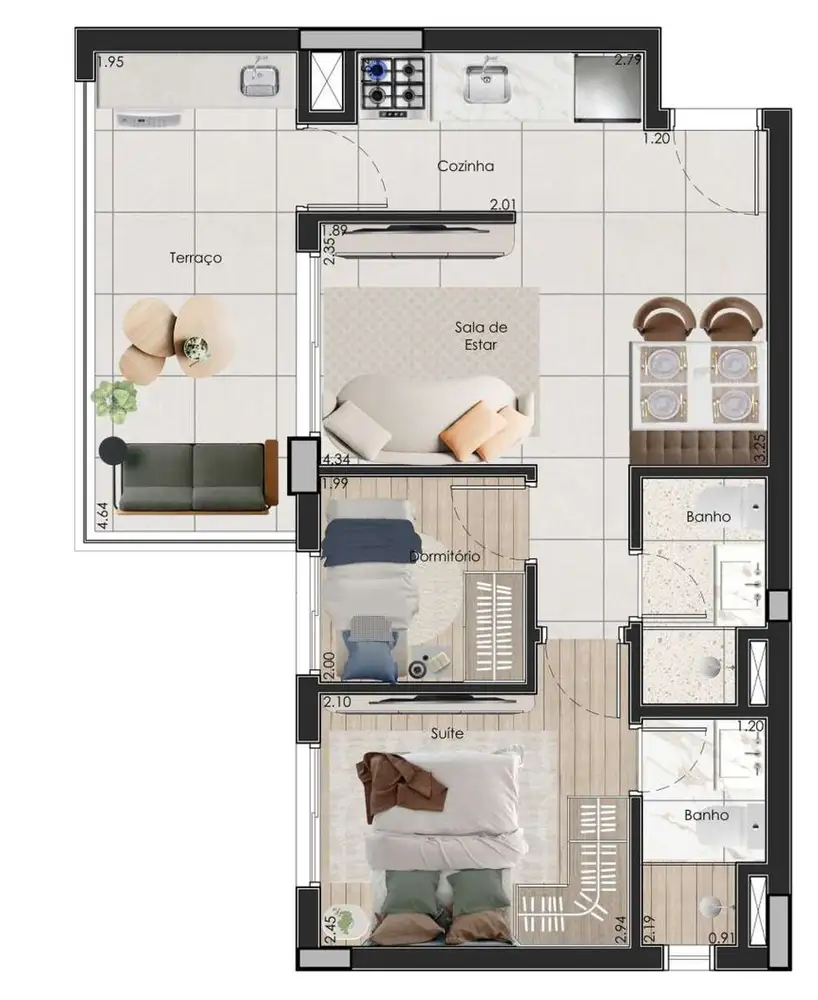 Planta 2 dormitórios 51,70 m²