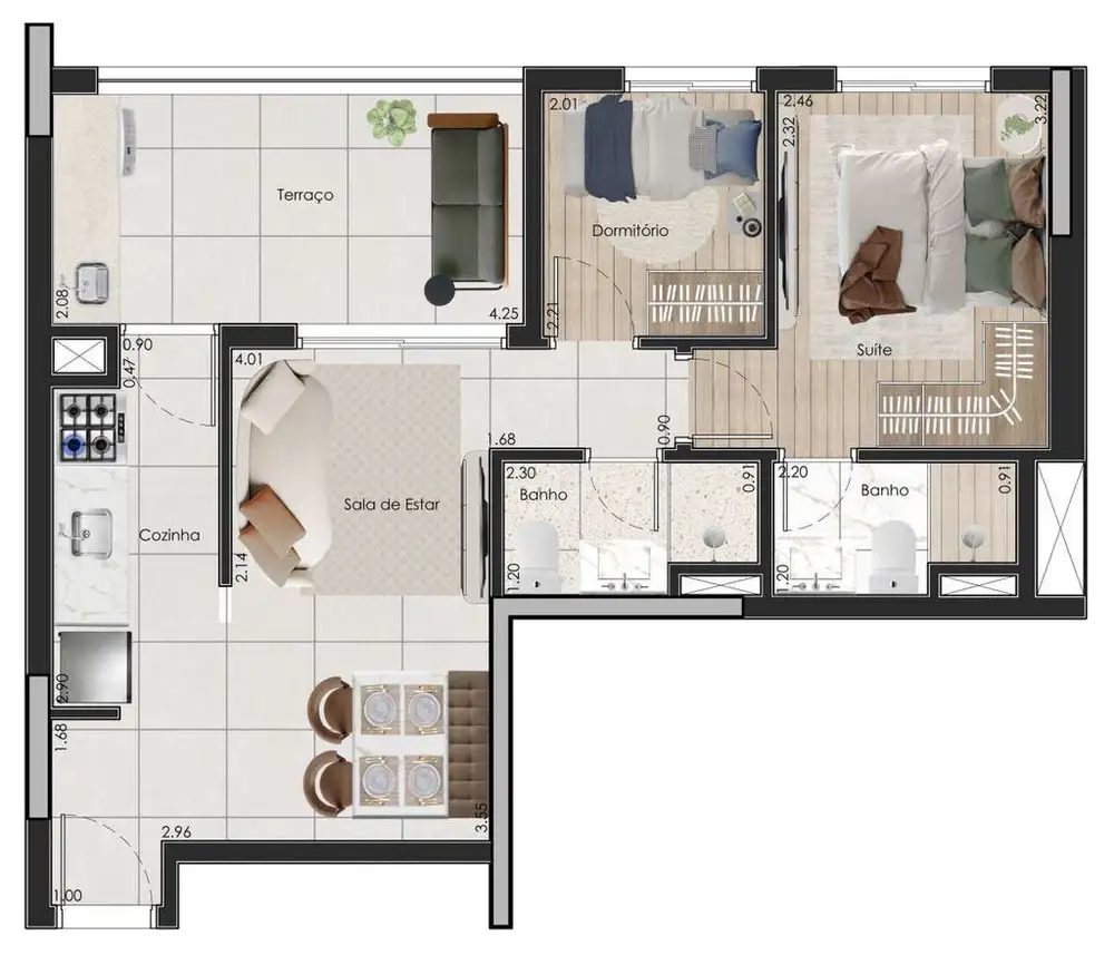 Planta 2 dormitórios 53,84 m²
