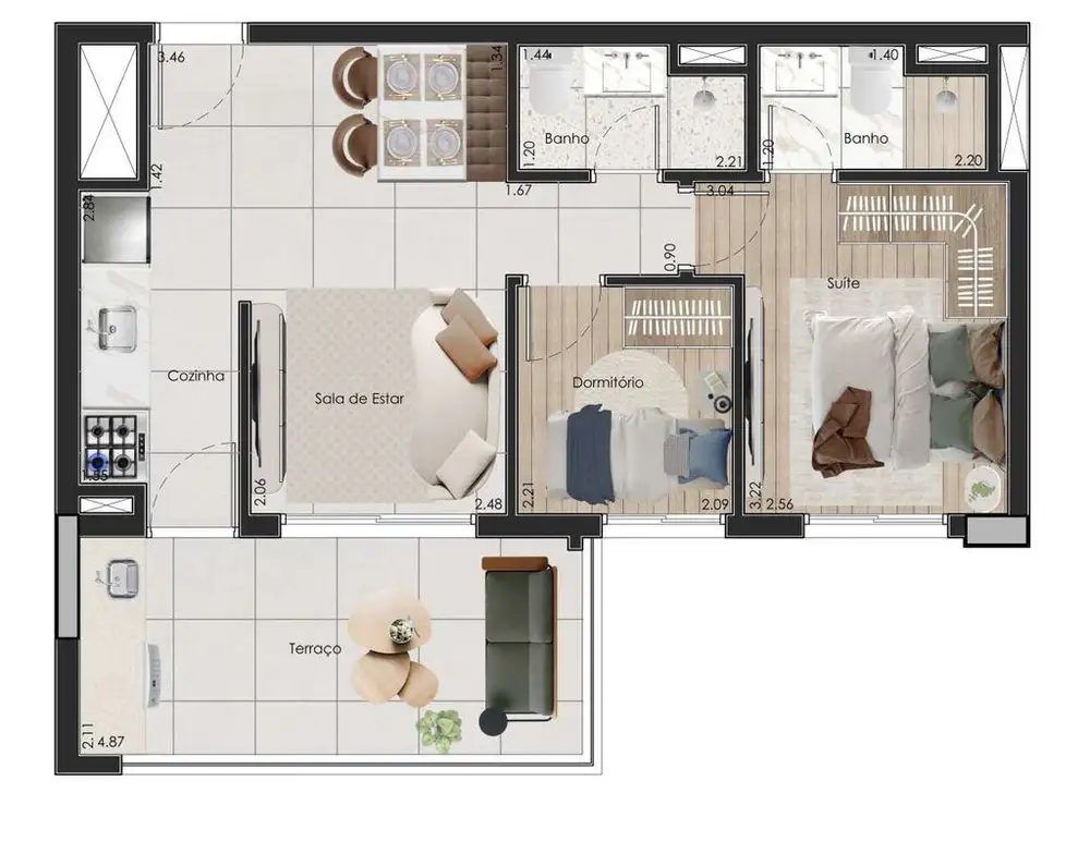 Planta 2 dormitórios 55,54 m²