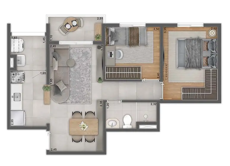 Planta 2 dormitórios 47,20 m²