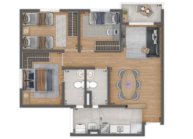 Planta 3 dormitórios 60,52 m²