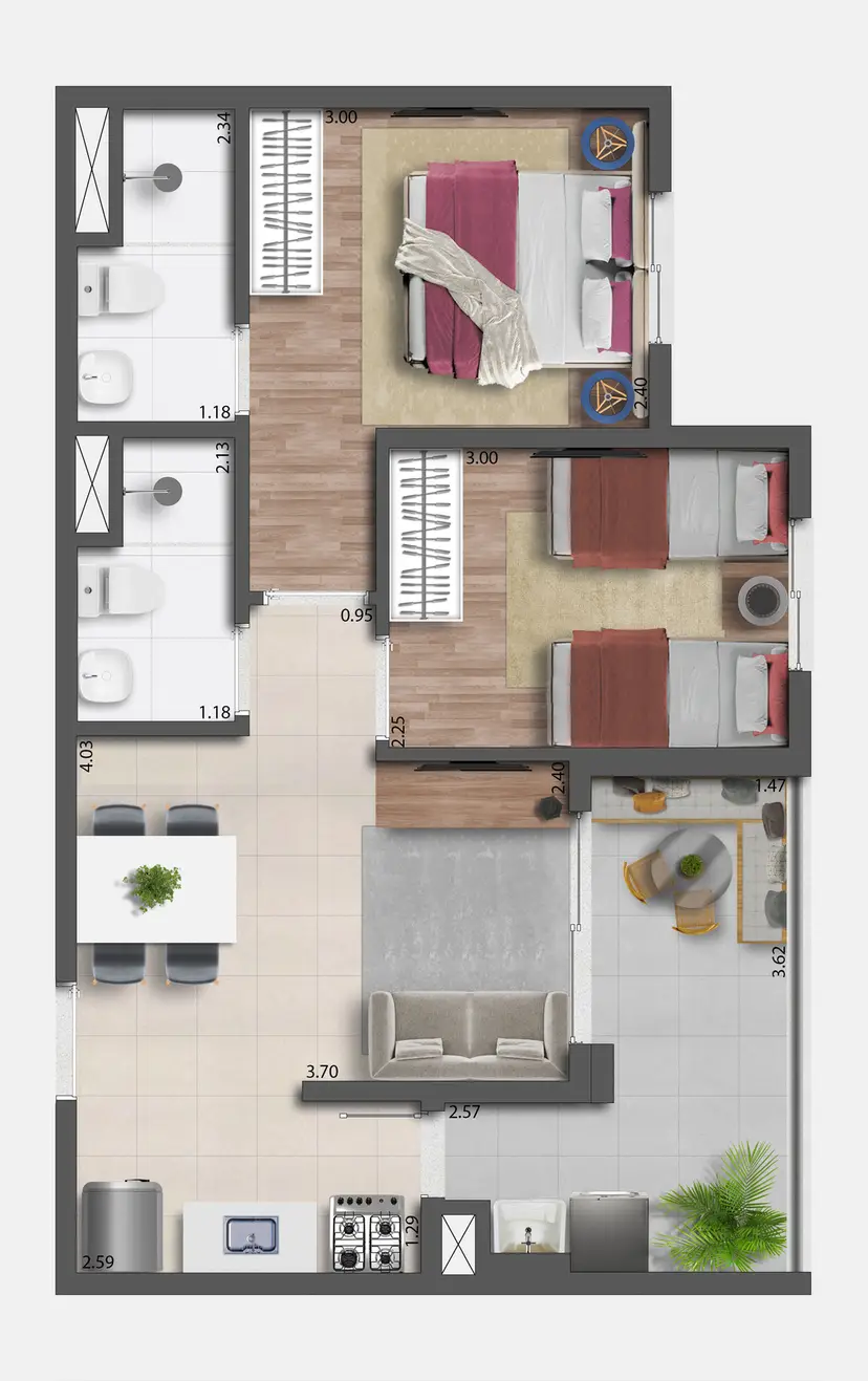 Planta 2 dormitórios 47,07 m²