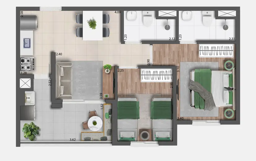 Planta 2 dormitórios 47,24 m²