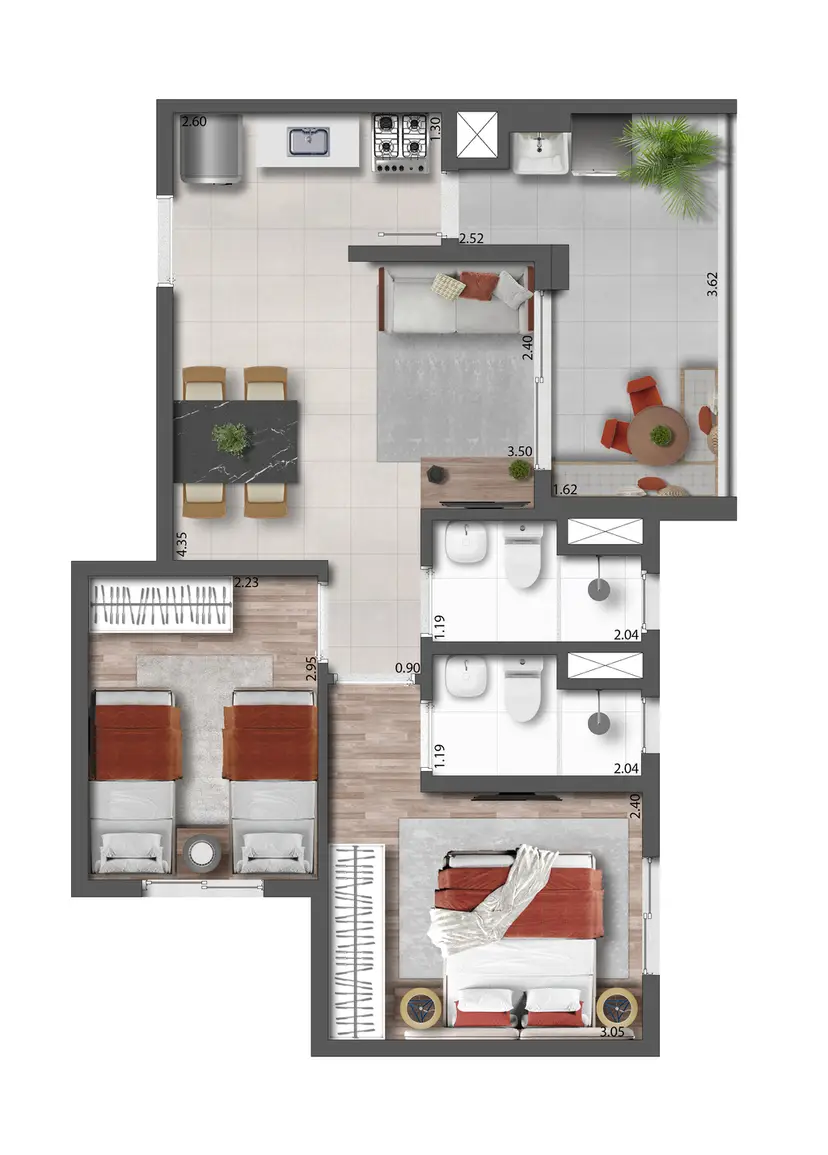 Planta 2 dormitórios 48,06 m²