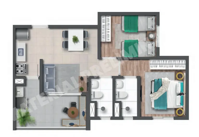 Planta 2 dormitórios 48,19 m²