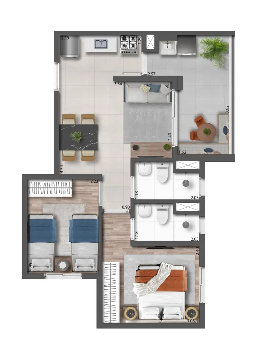 Planta 2 dormitórios 48,24 m²
