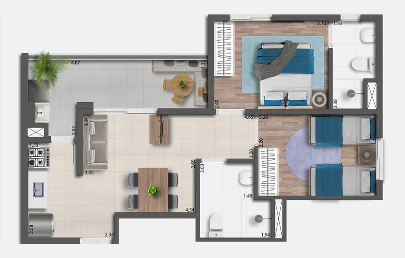 Planta 2 dormitórios 49,50 m²